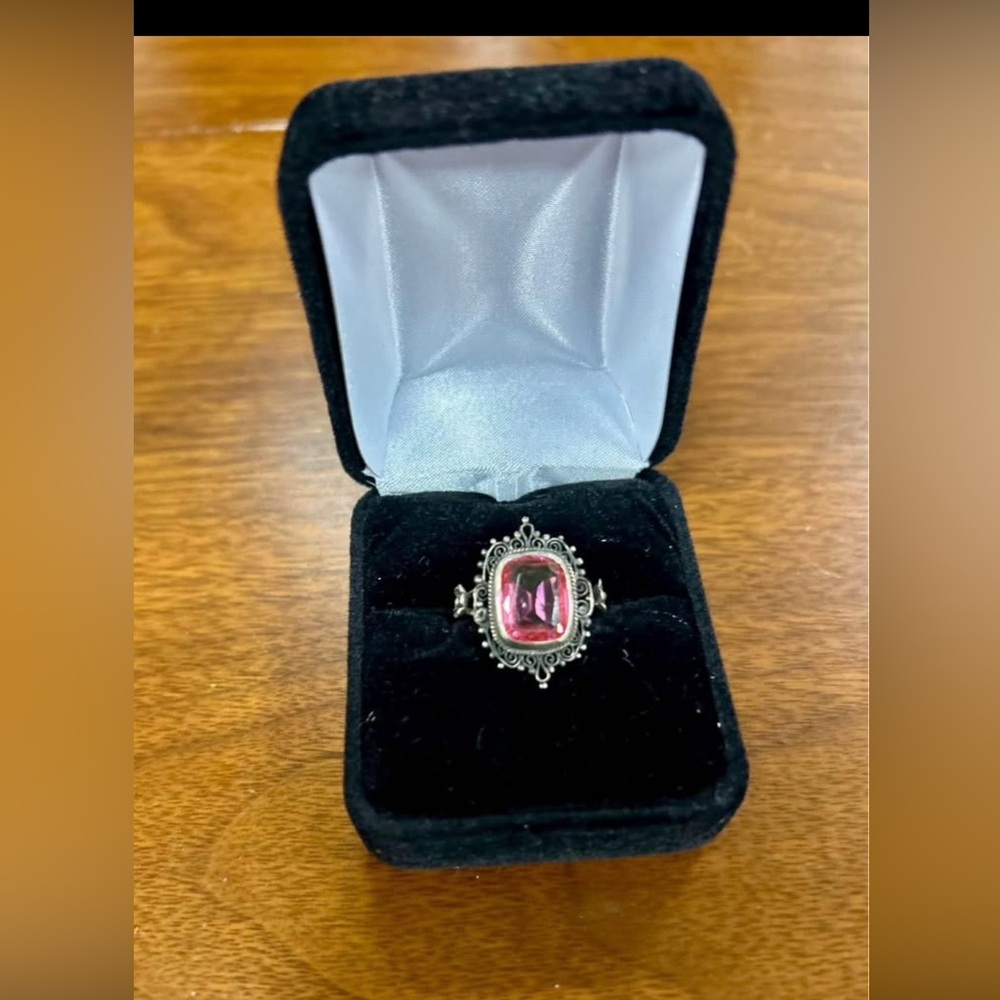 Antique Sterling Pink Uranium Glass Filigree  Ring Size 7
